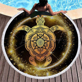 Lofaris Sacred Black Gold Turtle Pattern Round Beach Towel
